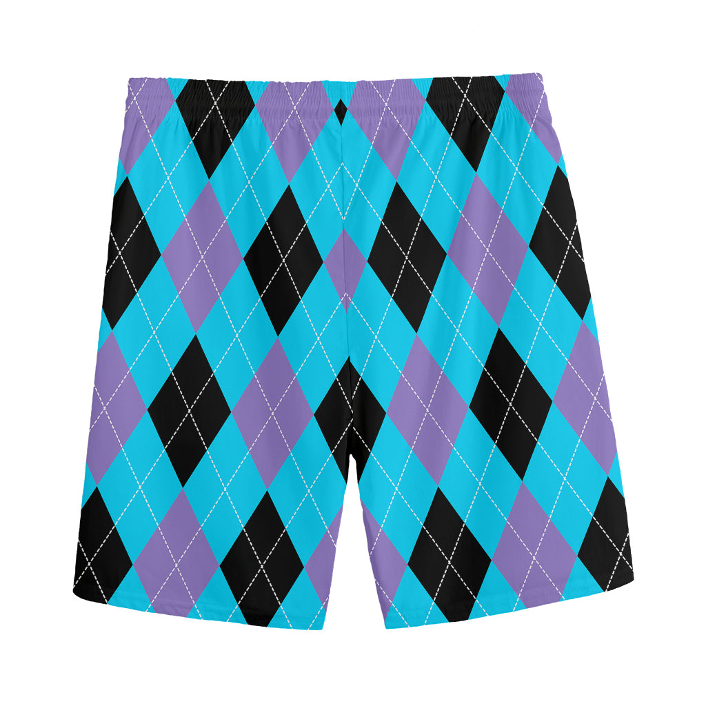 Blue Purple And Black Argyle Print Men's Sports Shorts