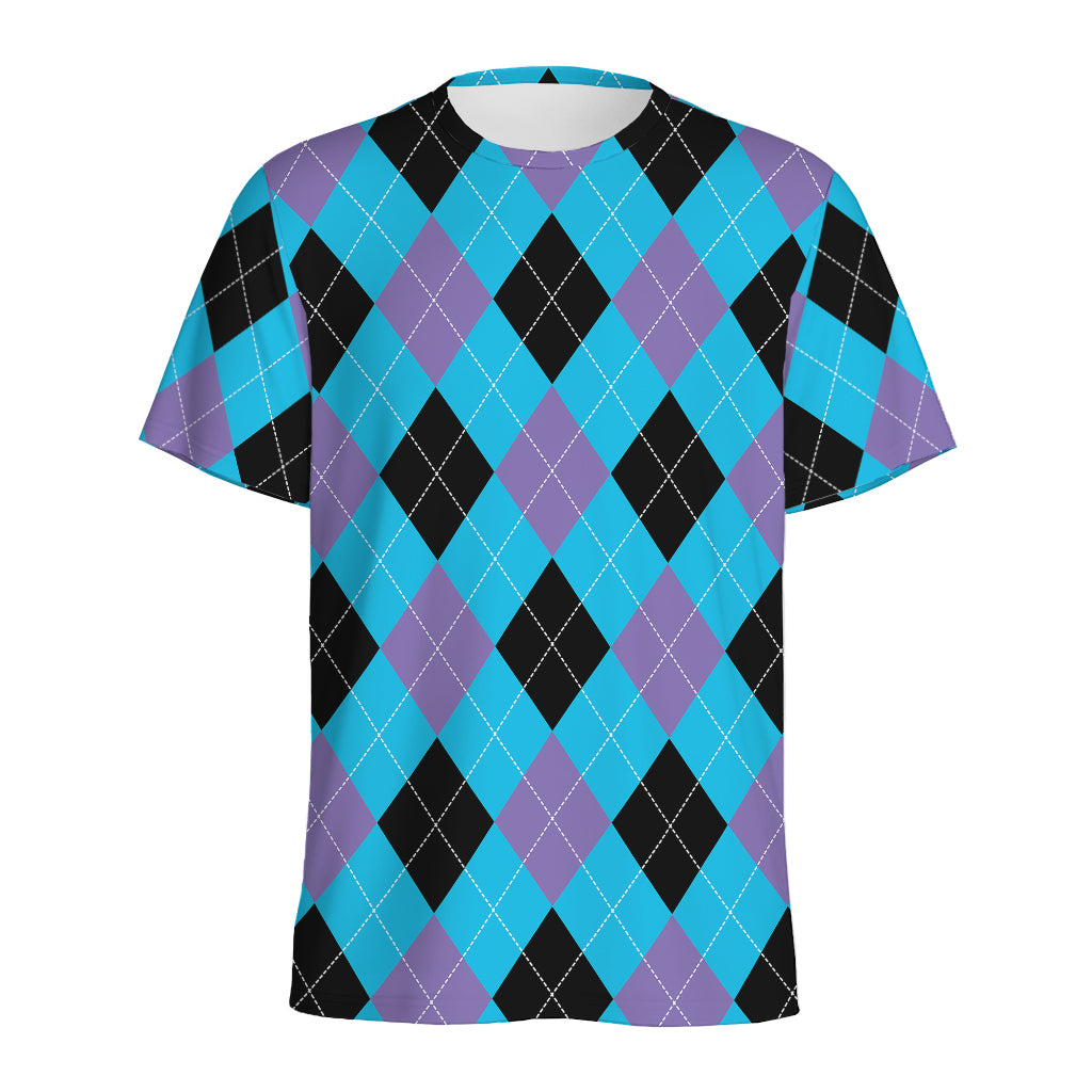 Blue Purple And Black Argyle Print Men's Sports T-Shirt