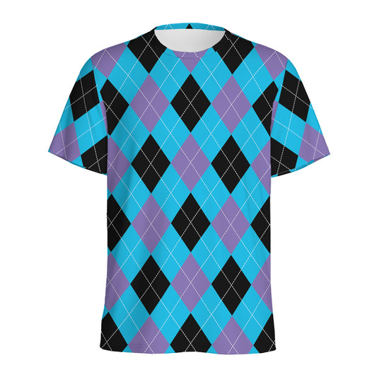 Blue Purple And Black Argyle Print Men's Sports T-Shirt