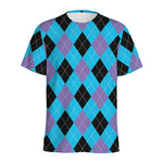 Blue Purple And Black Argyle Print Men's Sports T-Shirt