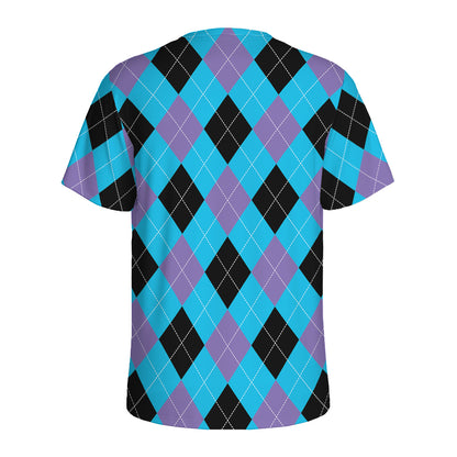 Blue Purple And Black Argyle Print Men's Sports T-Shirt