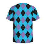Blue Purple And Black Argyle Print Men's Sports T-Shirt