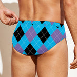 Blue Purple And Black Argyle Print Men's Swim Briefs