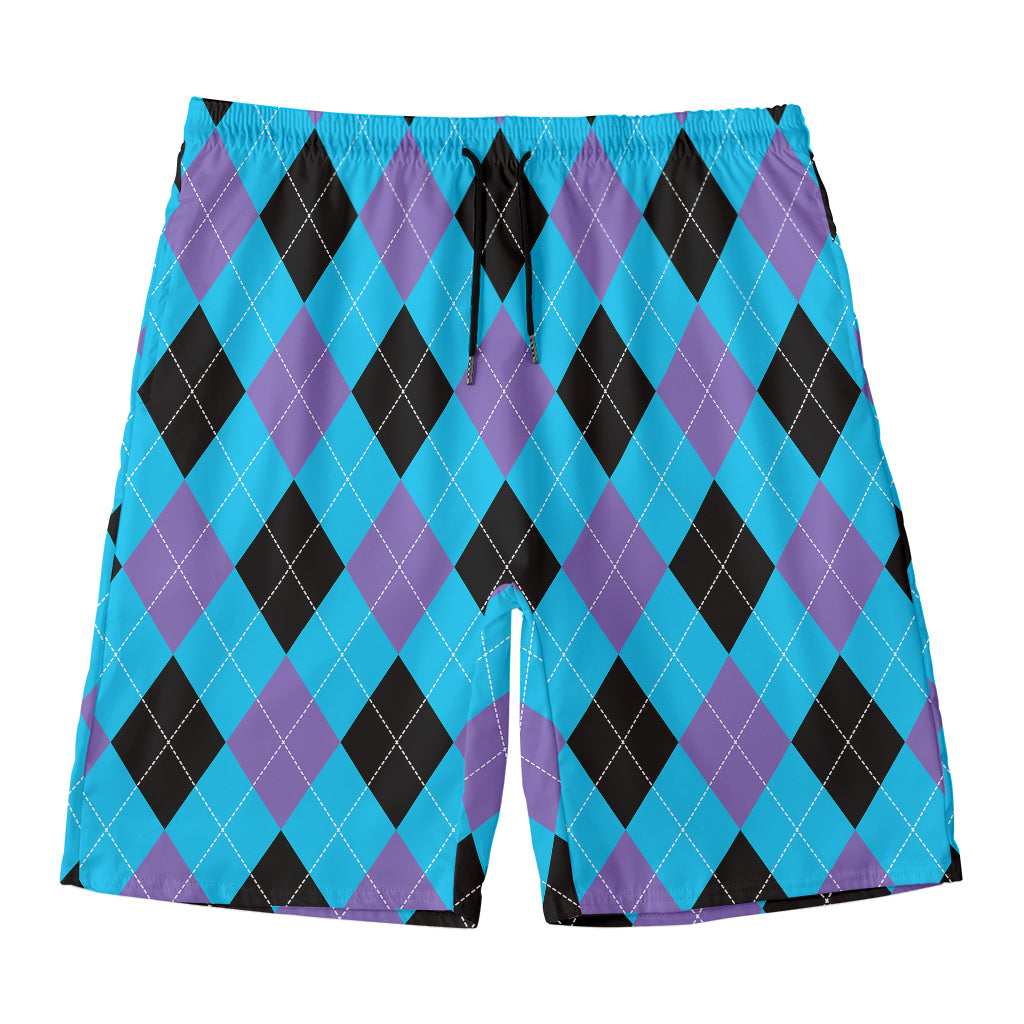 Blue Purple And Black Argyle Print Men's Swim Trunks