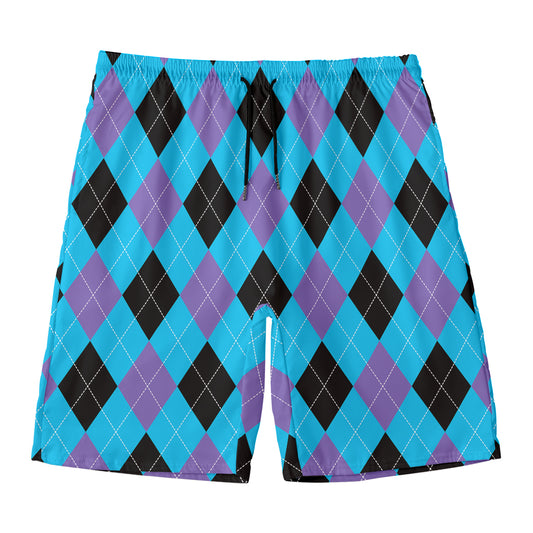 Blue Purple And Black Argyle Print Men's Swim Trunks