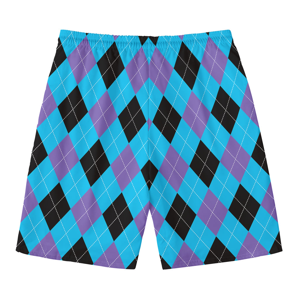 Blue Purple And Black Argyle Print Men's Swim Trunks