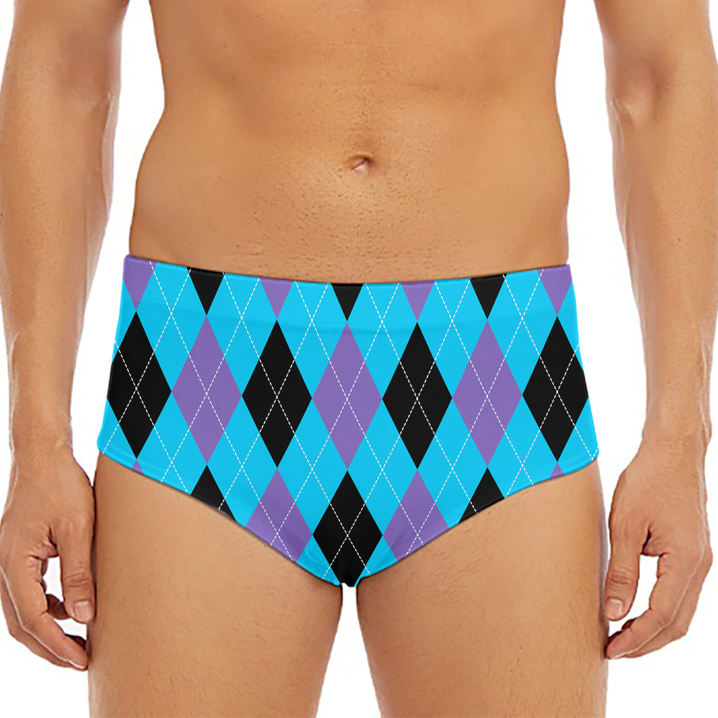 Blue Purple And Black Argyle Print Men's Triangle Swim Briefs