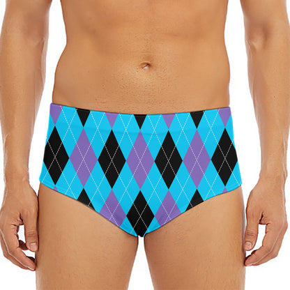 Blue Purple And Black Argyle Print Men's Triangle Swim Briefs