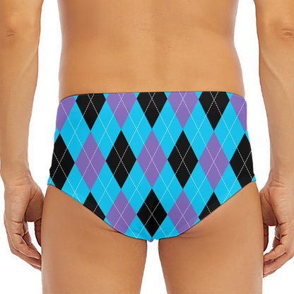 Blue Purple And Black Argyle Print Men's Triangle Swim Briefs