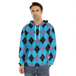 Blue Purple And Black Argyle Print Men's Velvet Pullover Hoodie