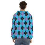Blue Purple And Black Argyle Print Men's Velvet Pullover Hoodie