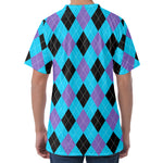 Blue Purple And Black Argyle Print Men's Velvet T-Shirt