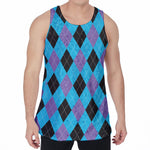 Blue Purple And Black Argyle Print Men's Velvet Tank Top
