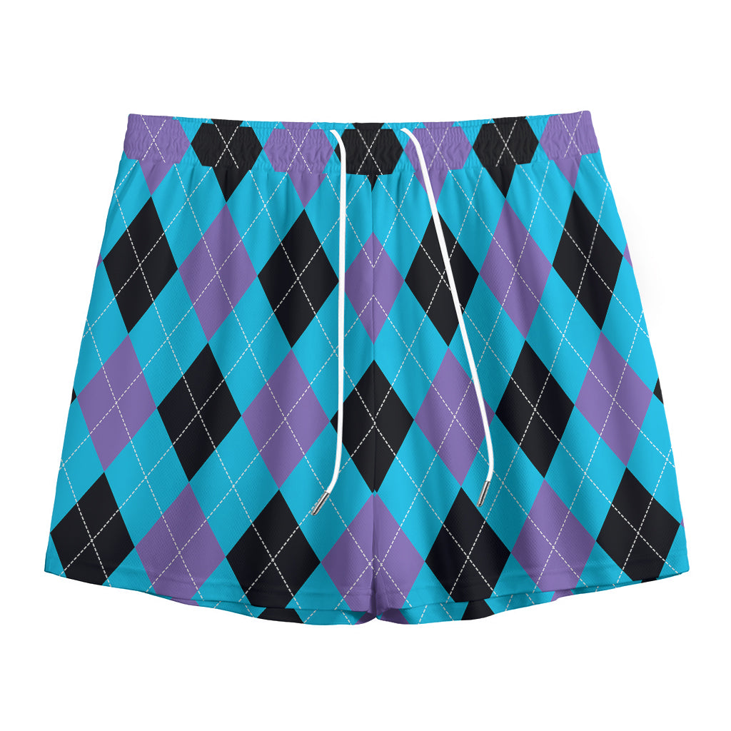 Blue Purple And Black Argyle Print Mesh Shorts