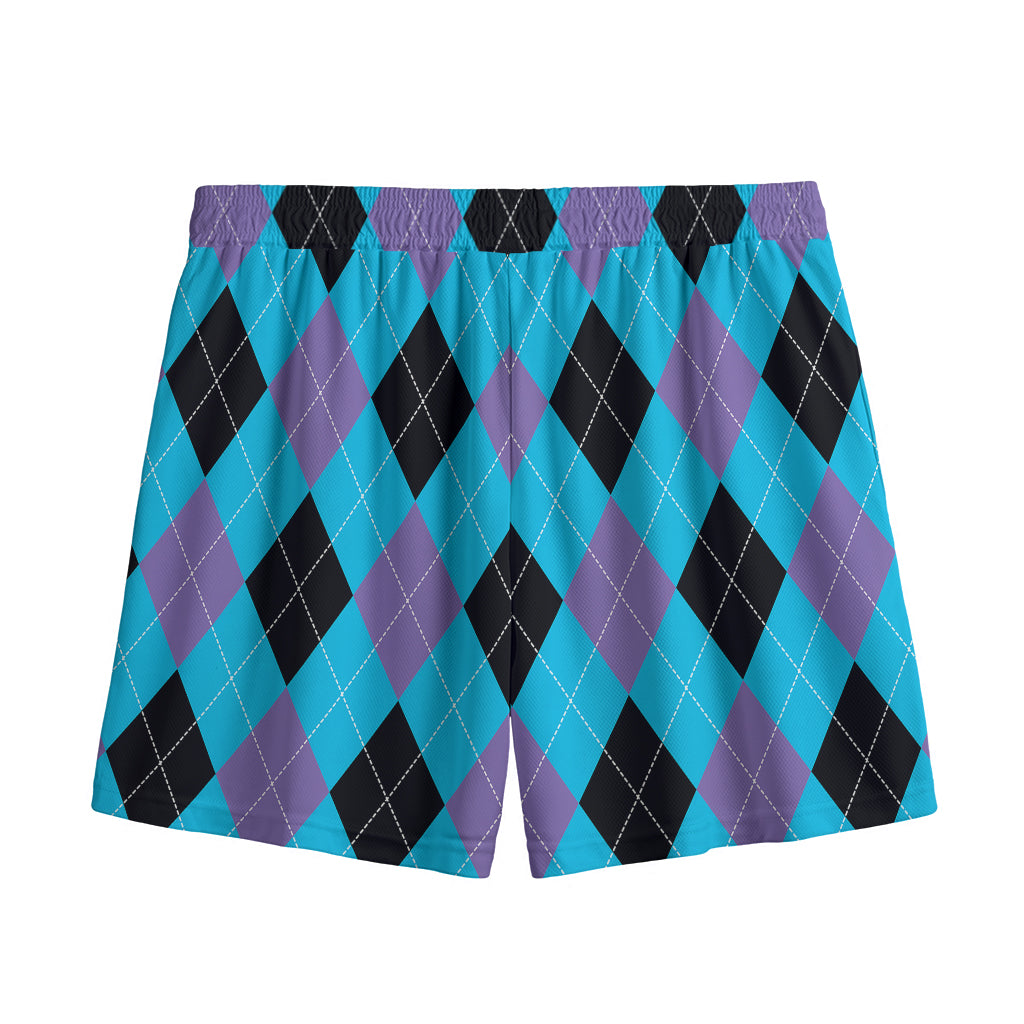 Blue Purple And Black Argyle Print Mesh Shorts