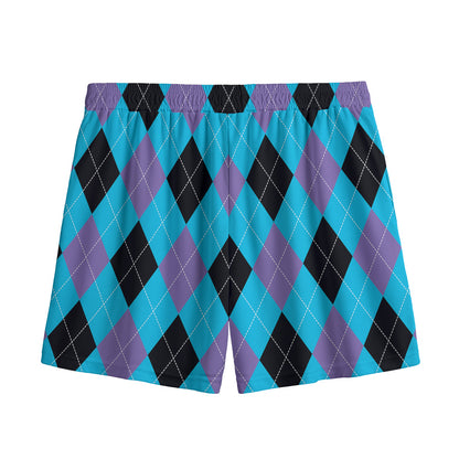 Blue Purple And Black Argyle Print Mesh Shorts