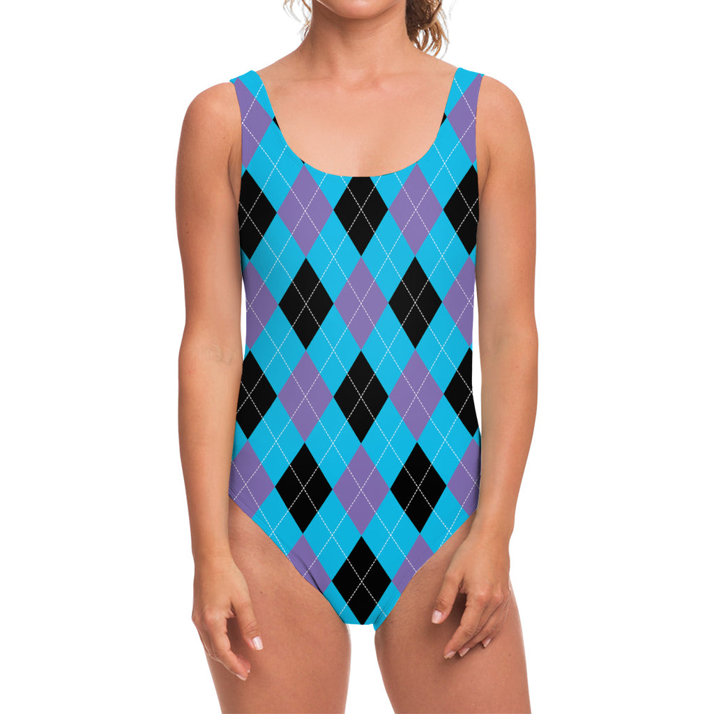 Blue Purple And Black Argyle Print One Piece Swimsuit