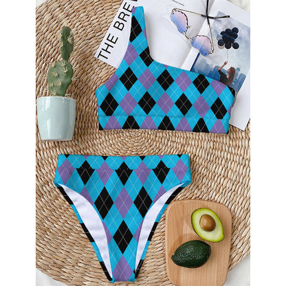 Blue Purple And Black Argyle Print One Shoulder Bikini Top