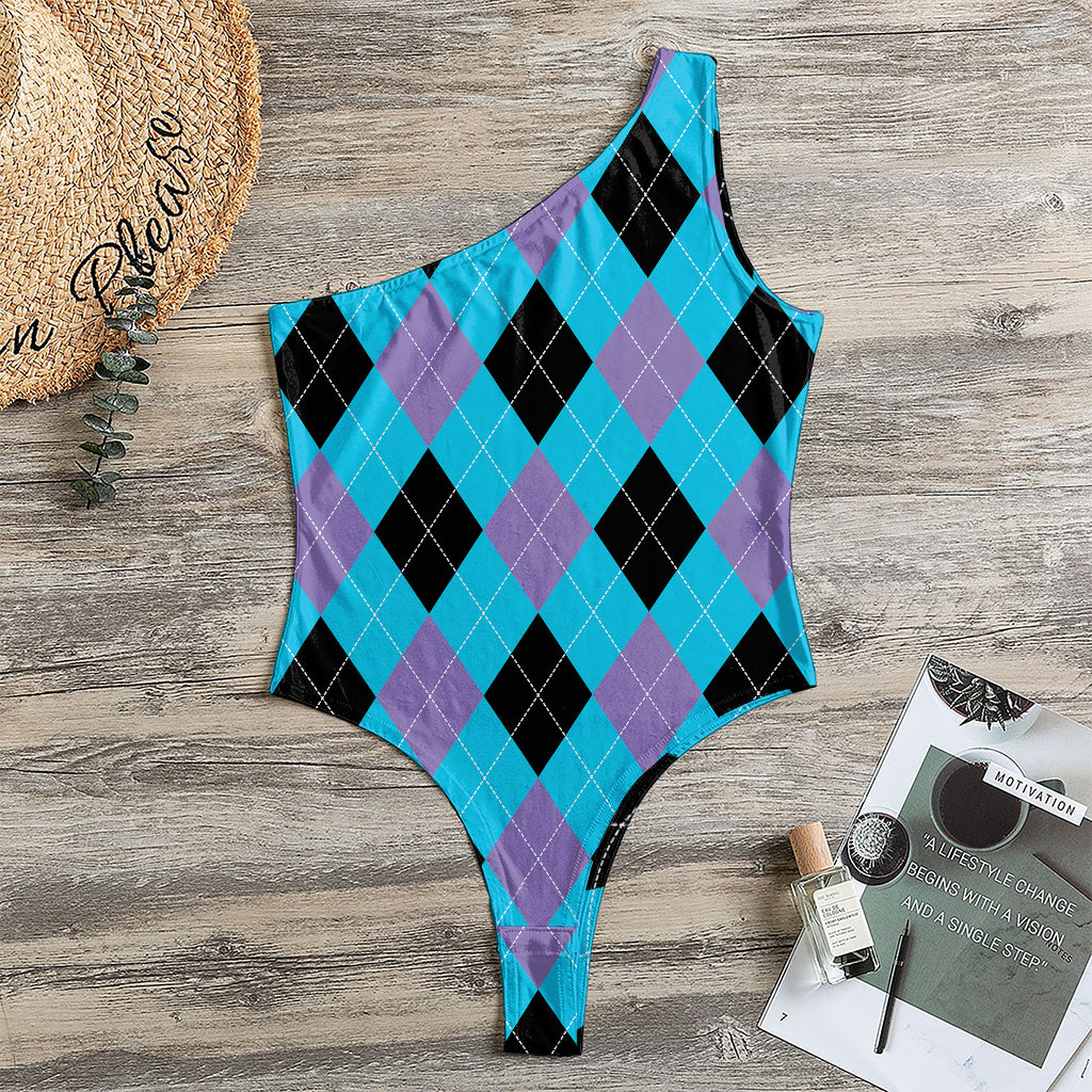 Blue Purple And Black Argyle Print One Shoulder Bodysuit