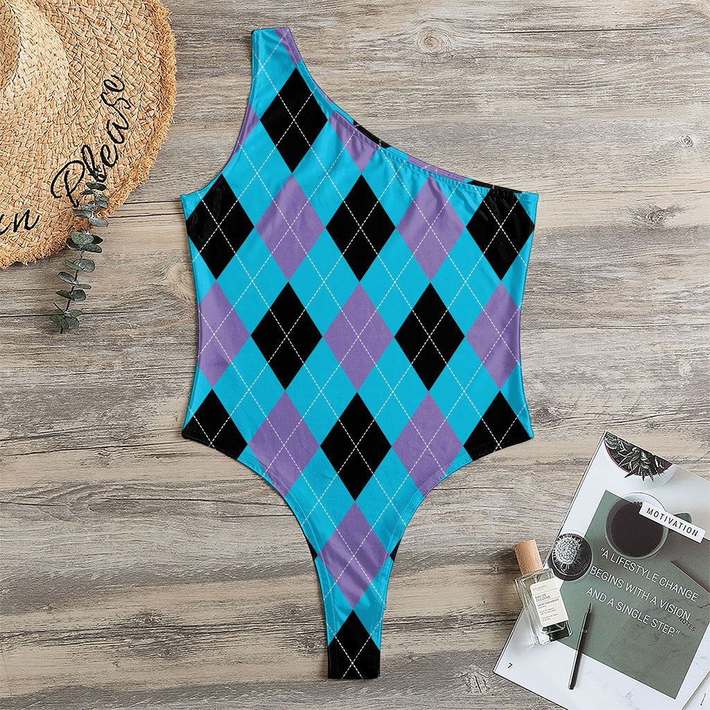 Blue Purple And Black Argyle Print One Shoulder Bodysuit