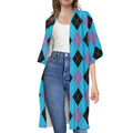 Blue Purple And Black Argyle Print Open Front Beach Cover Up