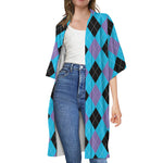 Blue Purple And Black Argyle Print Open Front Beach Cover Up