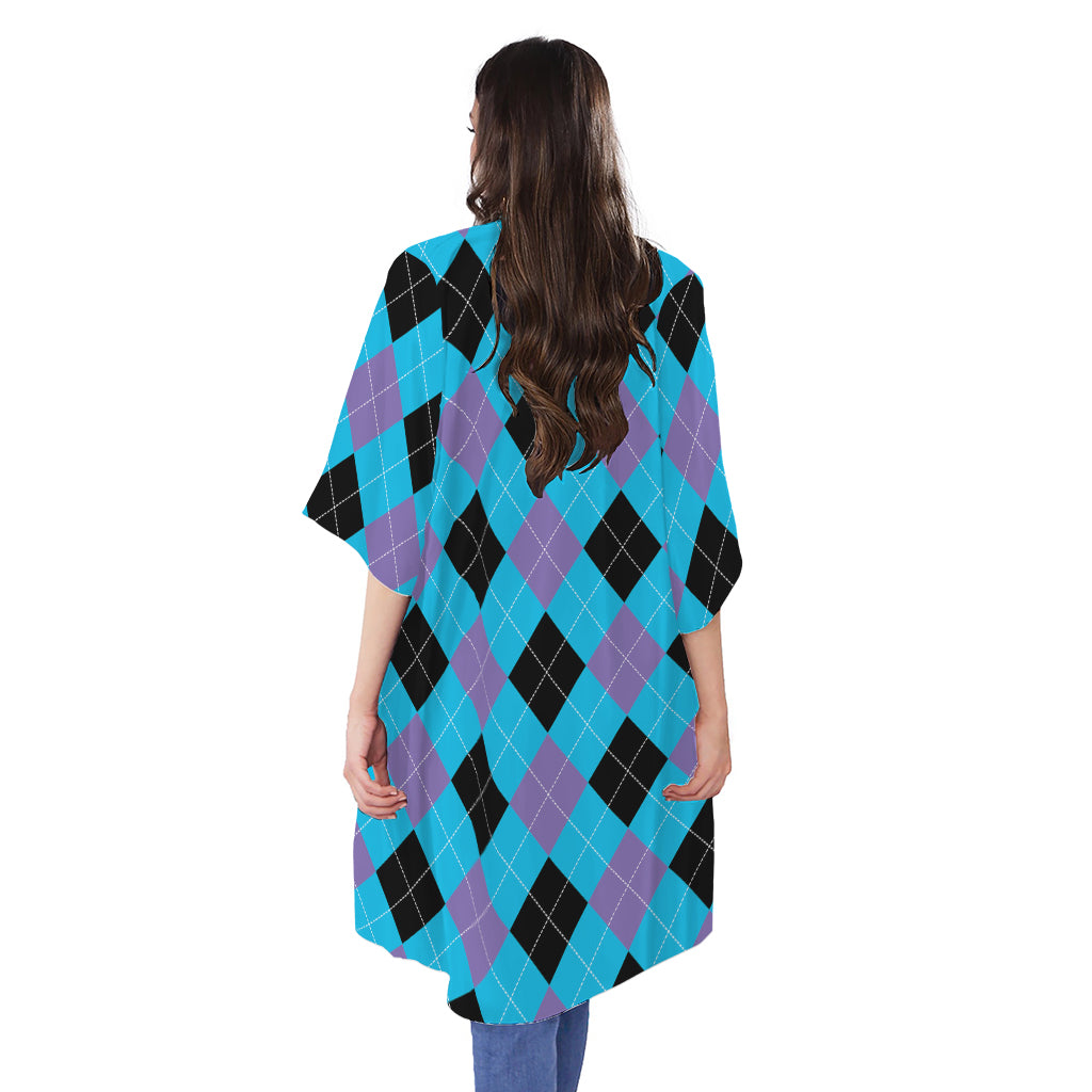 Blue Purple And Black Argyle Print Open Front Beach Cover Up