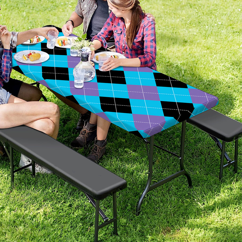 Blue Purple And Black Argyle Print Picnic Table Cover