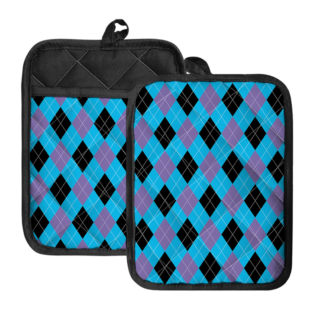 Blue Purple And Black Argyle Print Pot Holders With Pocket