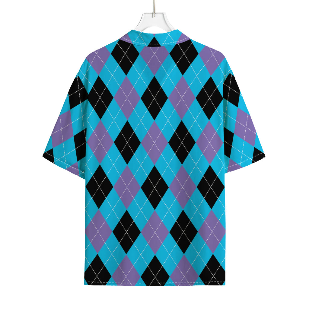 Blue Purple And Black Argyle Print Rayon Hawaiian Shirt