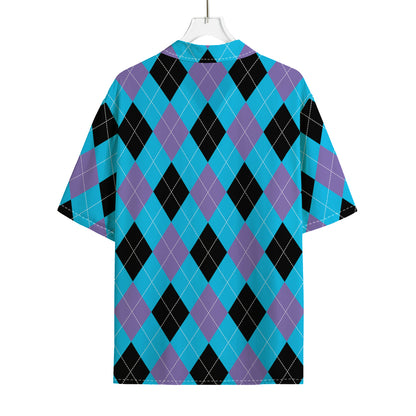 Blue Purple And Black Argyle Print Rayon Hawaiian Shirt