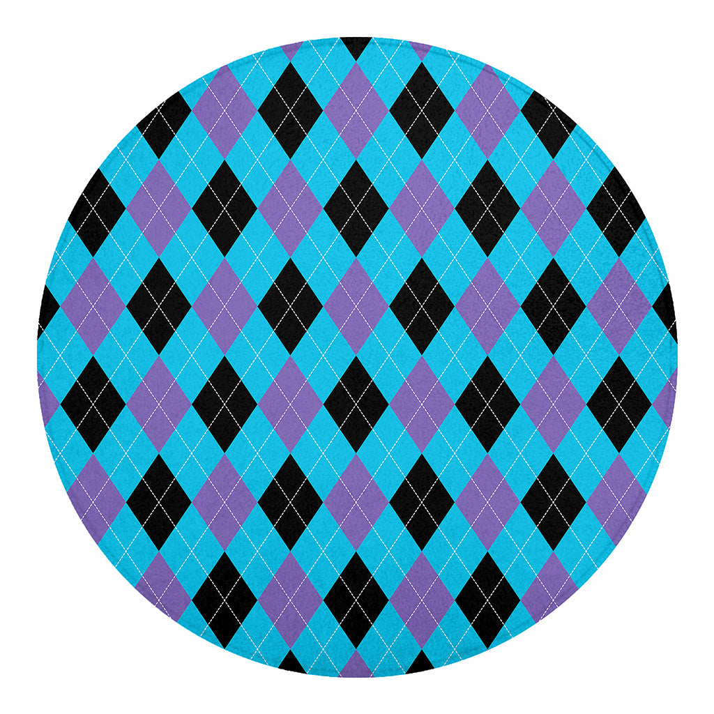 Blue Purple And Black Argyle Print Round Blanket