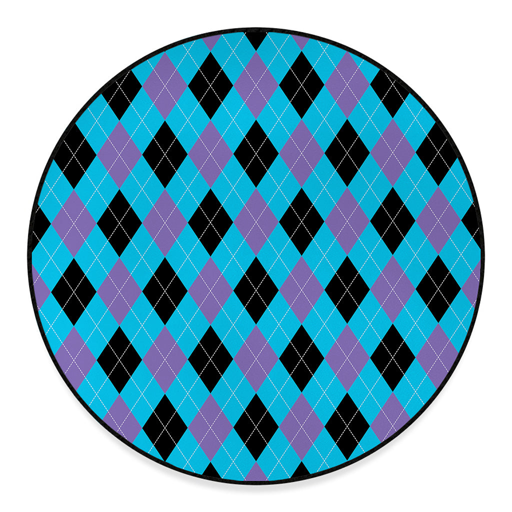 Blue Purple And Black Argyle Print Round Floor Mat