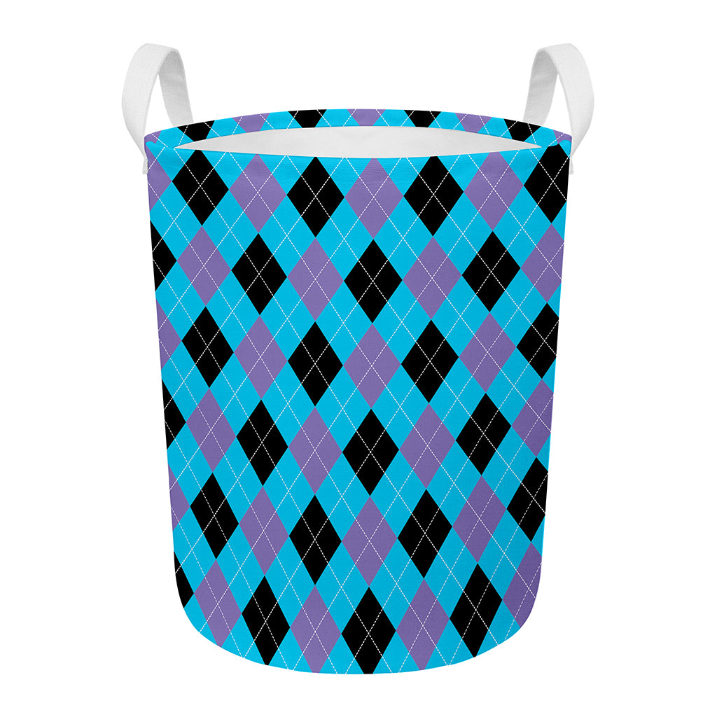 Blue Purple And Black Argyle Print Round Laundry Basket