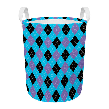 Blue Purple And Black Argyle Print Round Laundry Basket