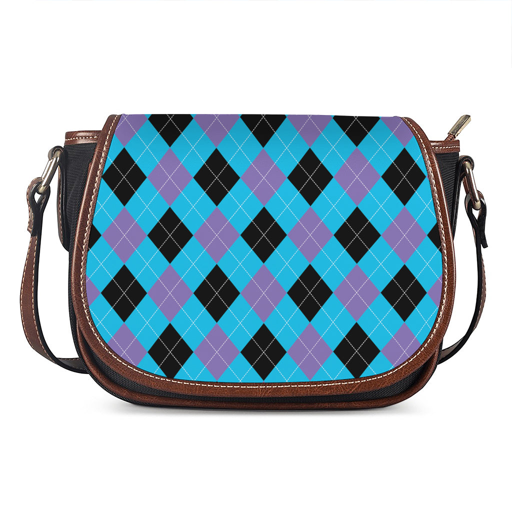Blue Purple And Black Argyle Print Saddle Bag