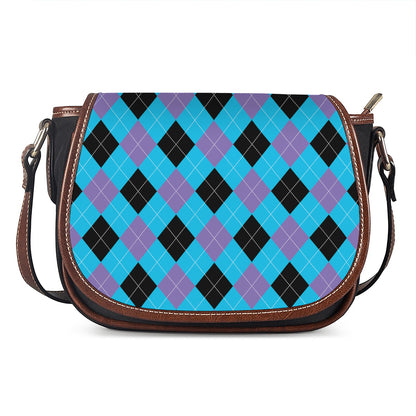 Blue Purple And Black Argyle Print Saddle Bag