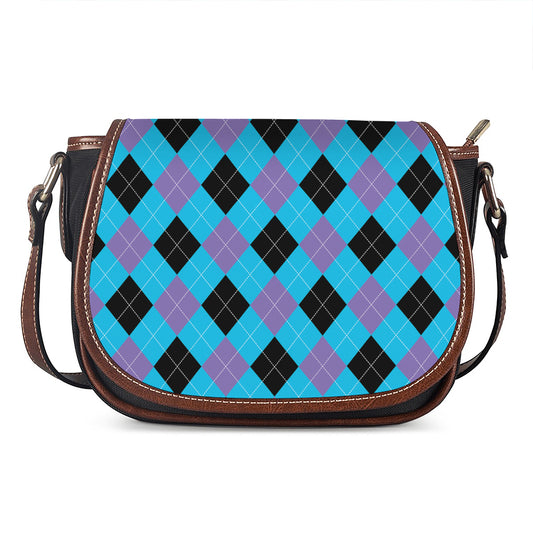 Blue Purple And Black Argyle Print Saddle Bag
