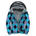 Blue Purple And Black Argyle Print Sherpa Lined Zip Up Hoodie