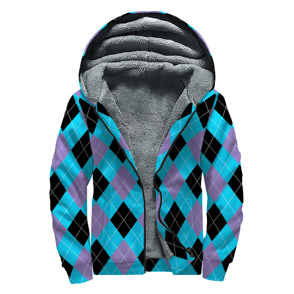 Blue Purple And Black Argyle Print Sherpa Lined Zip Up Hoodie