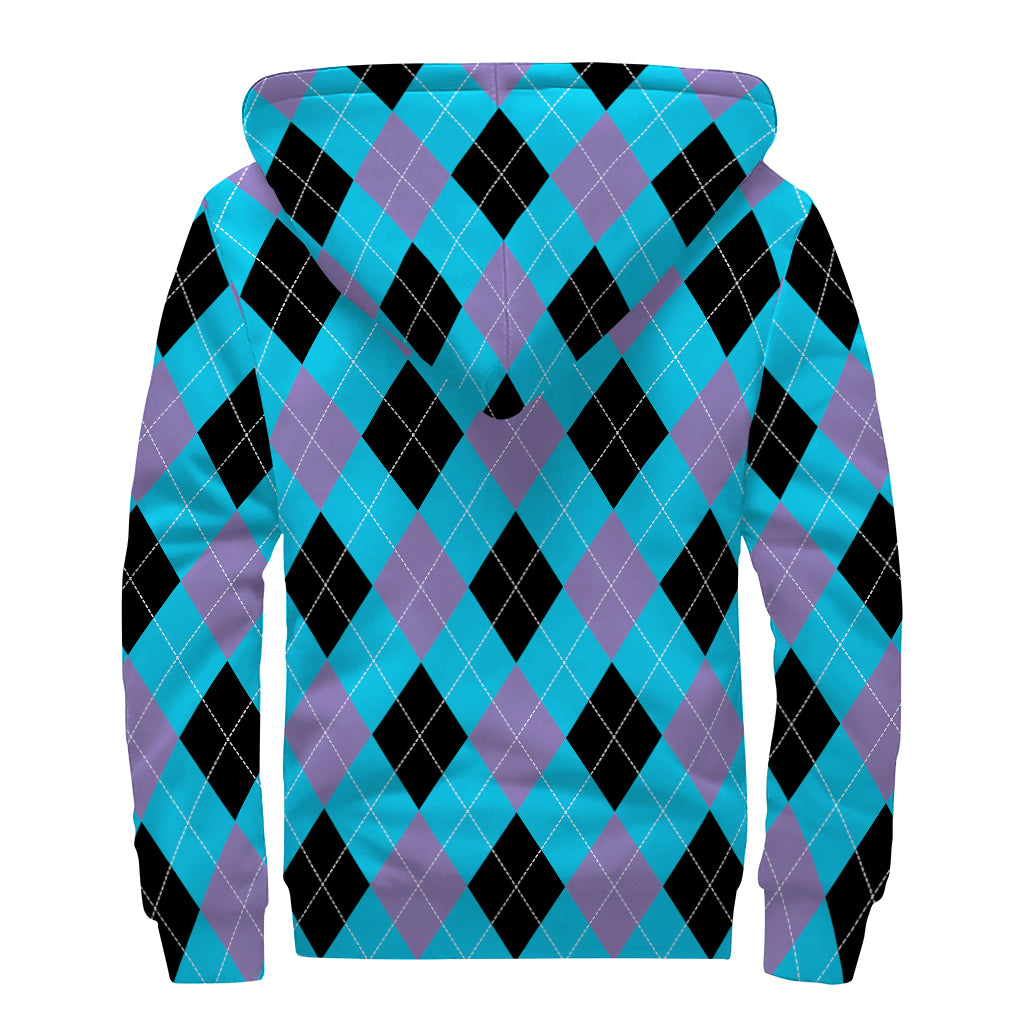Blue Purple And Black Argyle Print Sherpa Lined Zip Up Hoodie