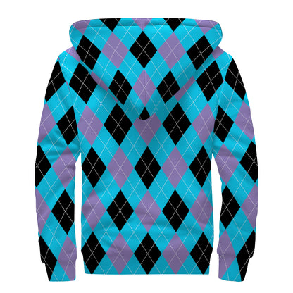 Blue Purple And Black Argyle Print Sherpa Lined Zip Up Hoodie