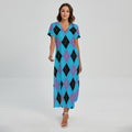 Blue Purple And Black Argyle Print Short Sleeve Maxi Dress