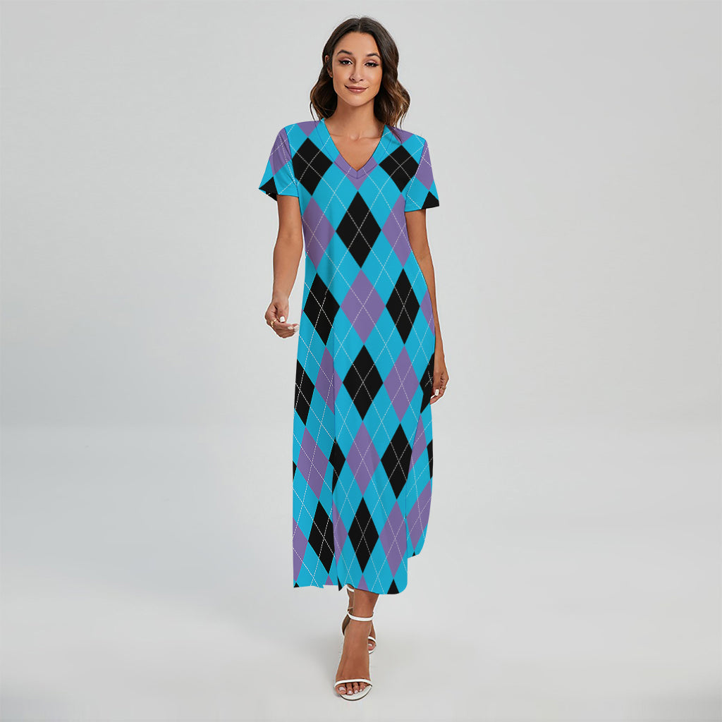 Blue Purple And Black Argyle Print Short Sleeve Maxi Dress