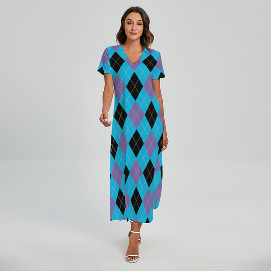 Blue Purple And Black Argyle Print Short Sleeve Maxi Dress