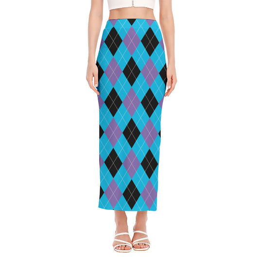 Blue Purple And Black Argyle Print Side Slit Maxi Skirt