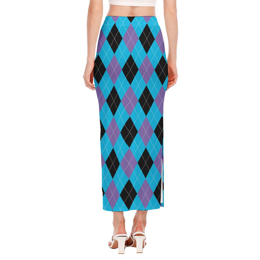 Blue Purple And Black Argyle Print Side Slit Maxi Skirt