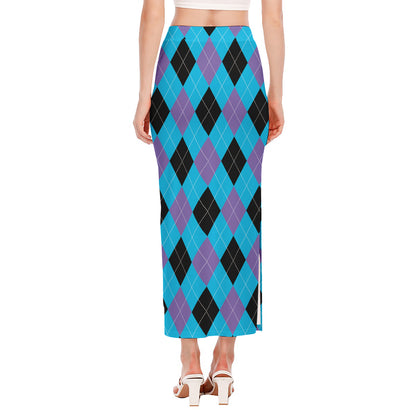 Blue Purple And Black Argyle Print Side Slit Maxi Skirt