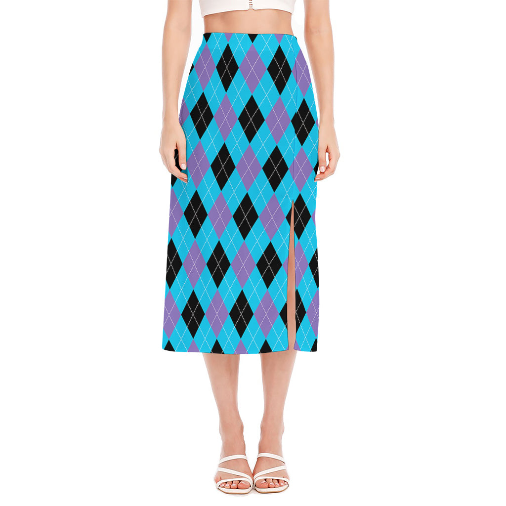 Blue Purple And Black Argyle Print Side Slit Midi Skirt