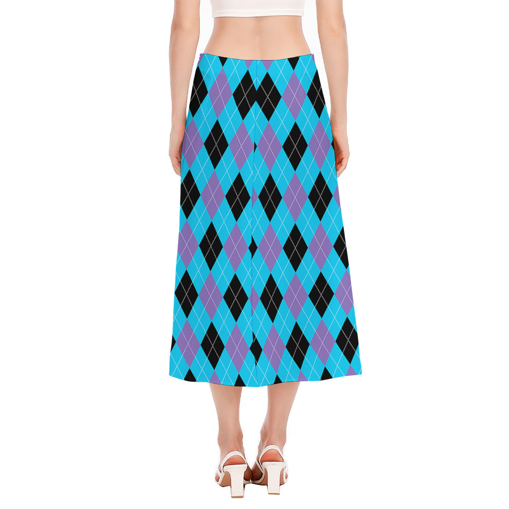 Blue Purple And Black Argyle Print Side Slit Midi Skirt